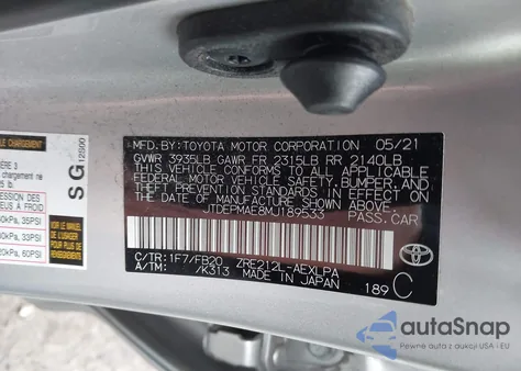 2021 Toyota Corolla Le z USA, uszkodzony, nr VIN JTDEPMAE8MJ189533